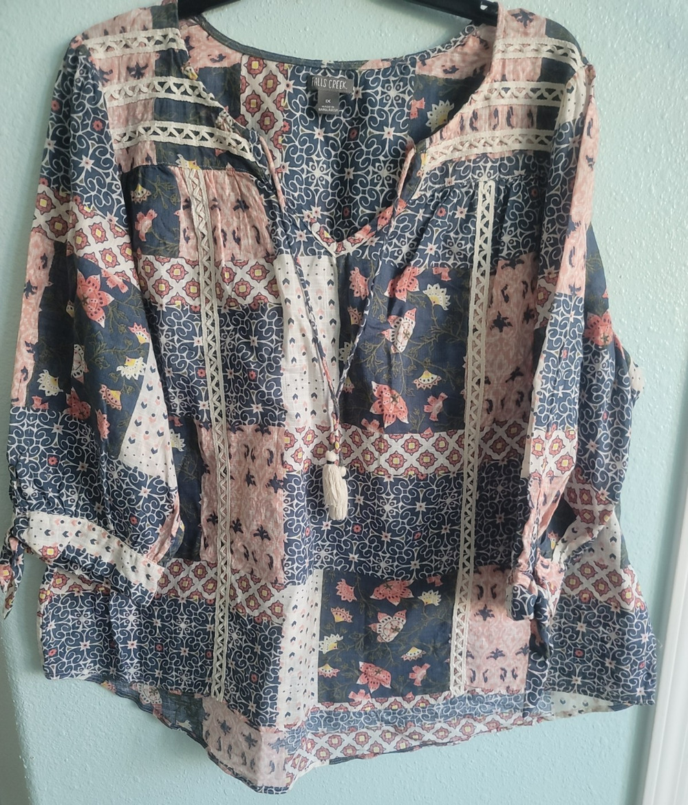 Falls Creek Women Top V Neck 3/4 Sleeve Patchwork Cotton Size 1X Prairie Peasant